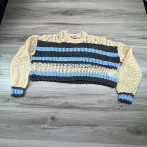 Kimchi Blue Striped Cropped Knit Sweater Loose Weave Cream Blue Gray XS